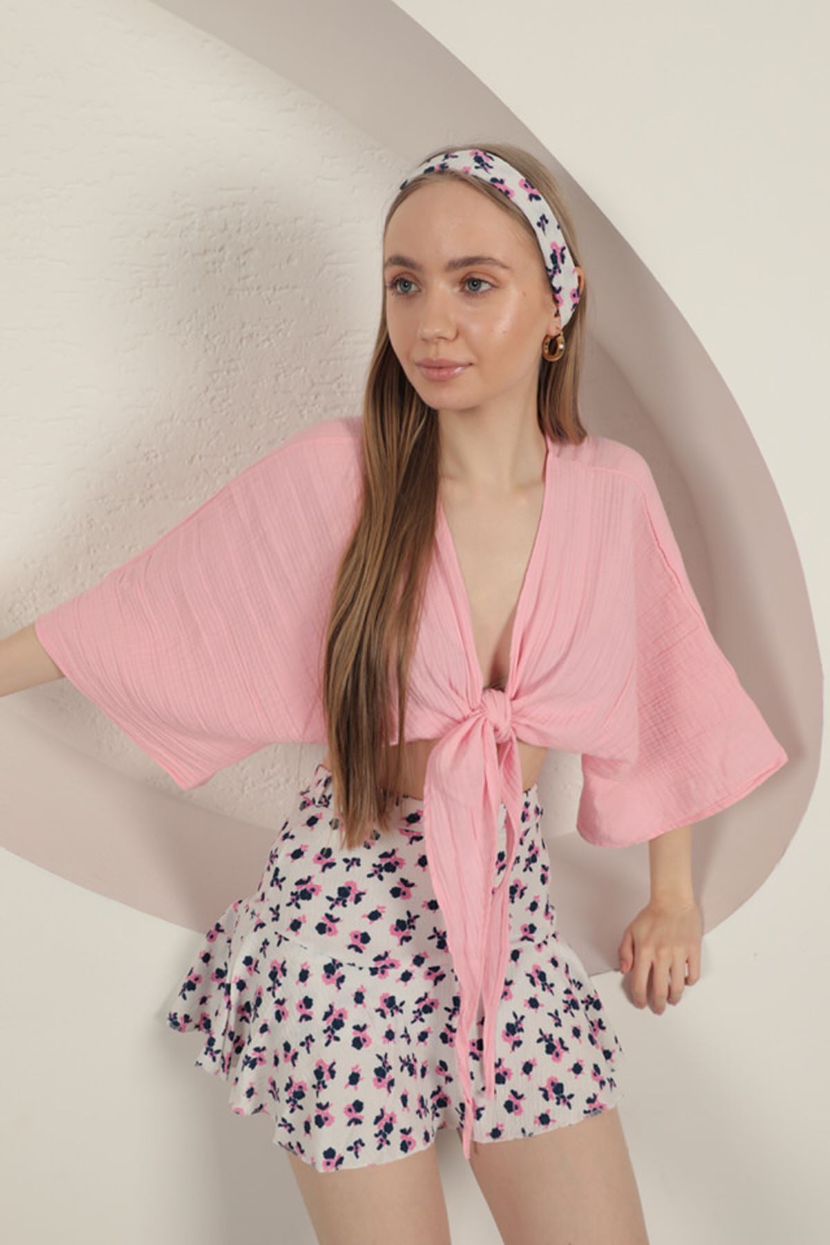 Bürümcük Çiçek Desen Şort Etek-Fuşya