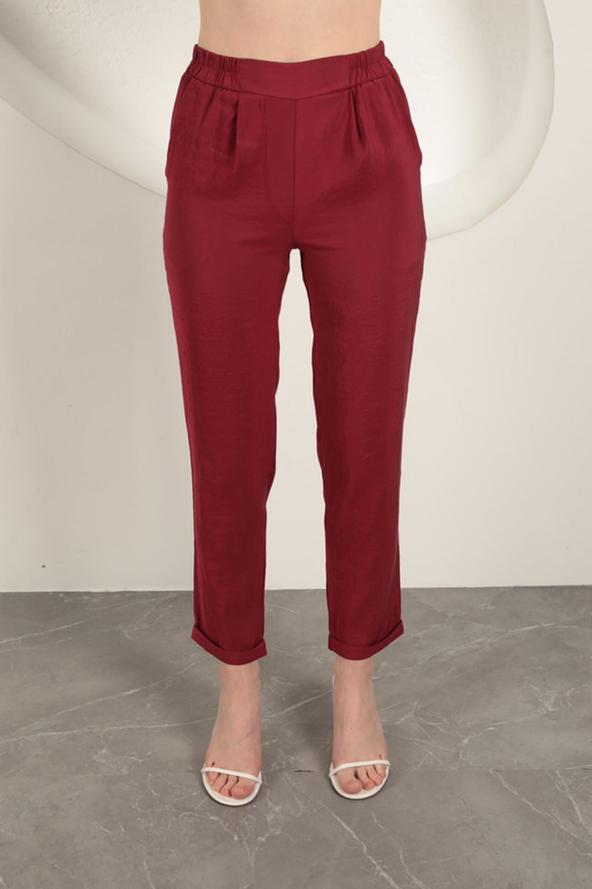 Modal Kumaş Duble Paça Kadın Pantolon-Bordo