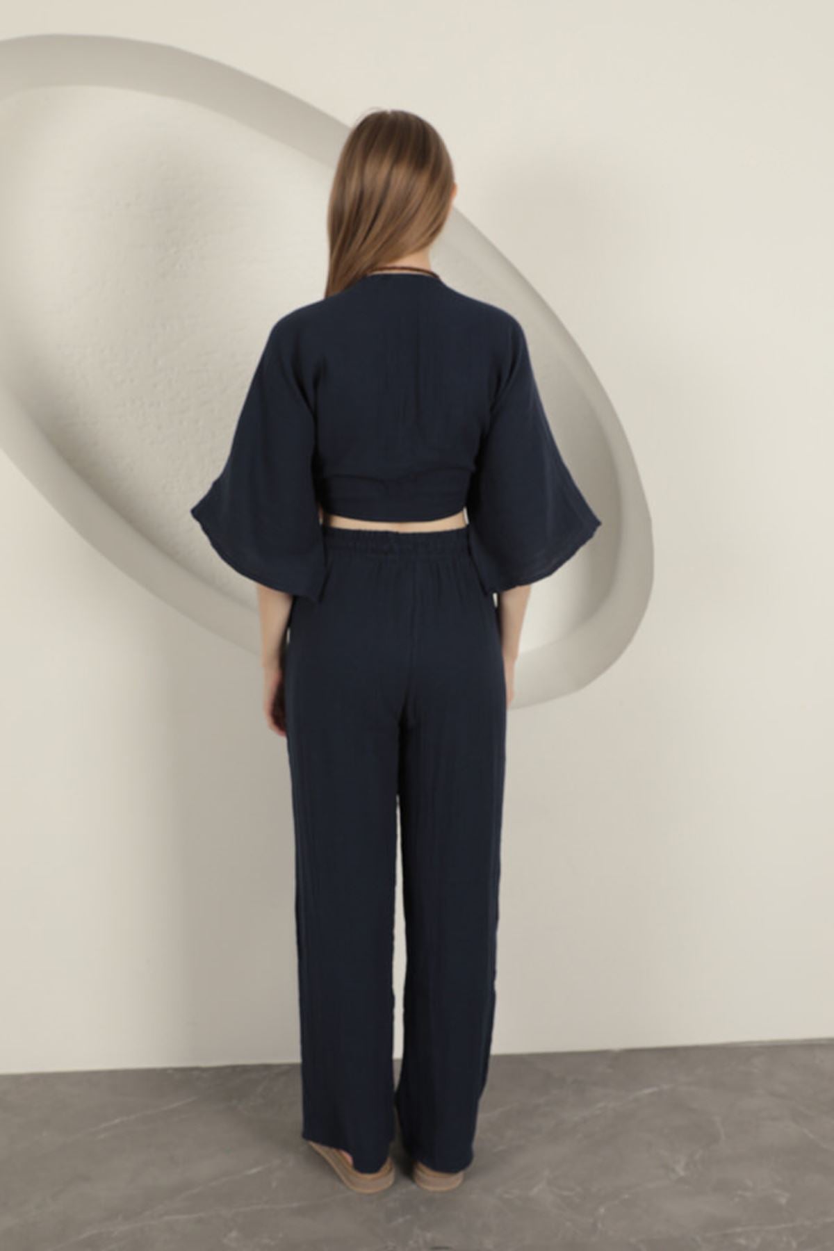 Müslin Kumaş Kimono-Lacivert