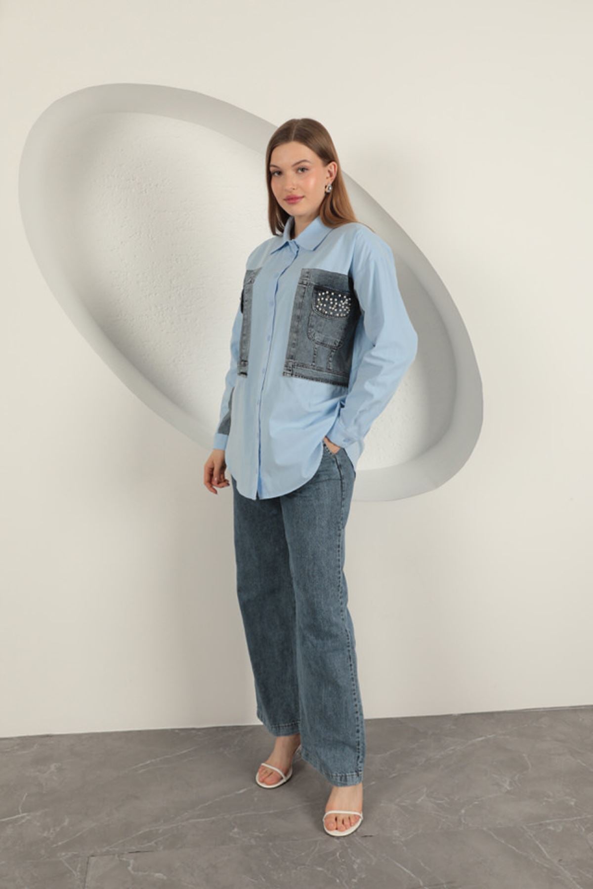 Poplin Kumaş Kot Garnili Mavi Kadın Gömlek
