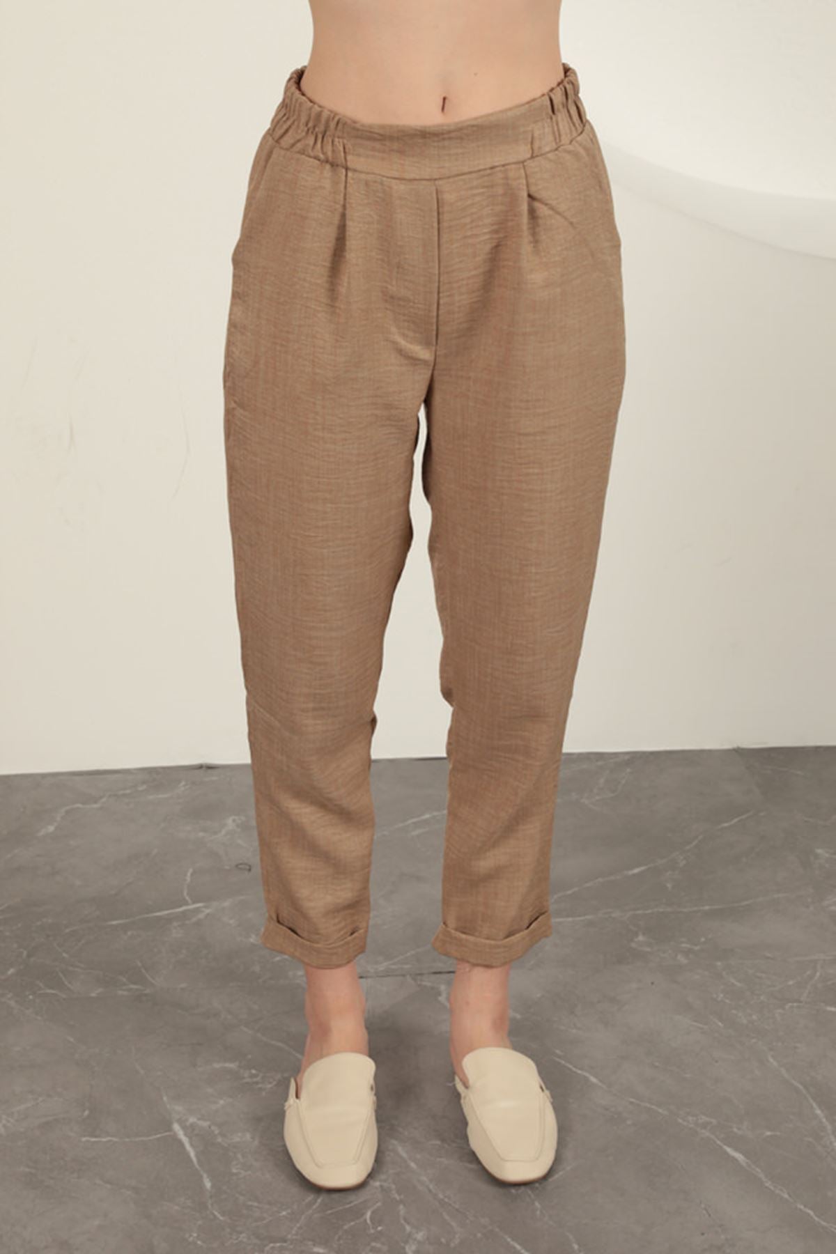 Sofia Keten Duble Paça Kadın Pantolon-Taba