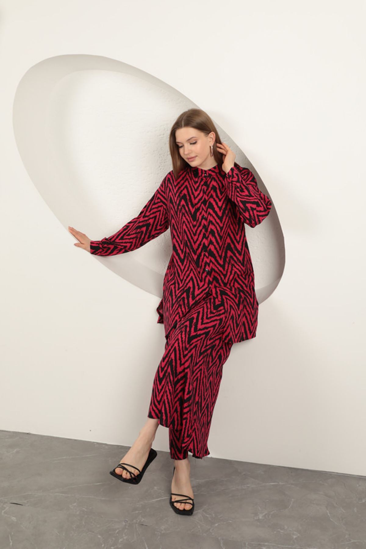 Viskon Kumaş Çizgili Kadın Takım-Fuşya