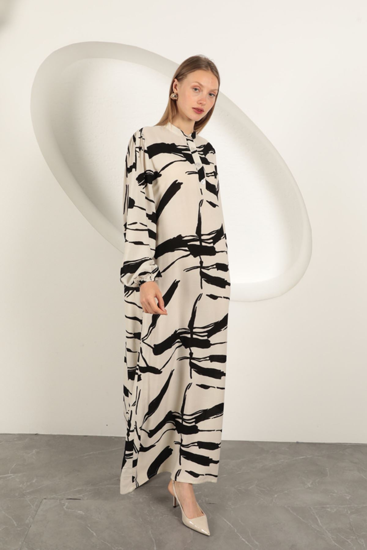 Viskon Kumaş Desenli Elbise-Ekru