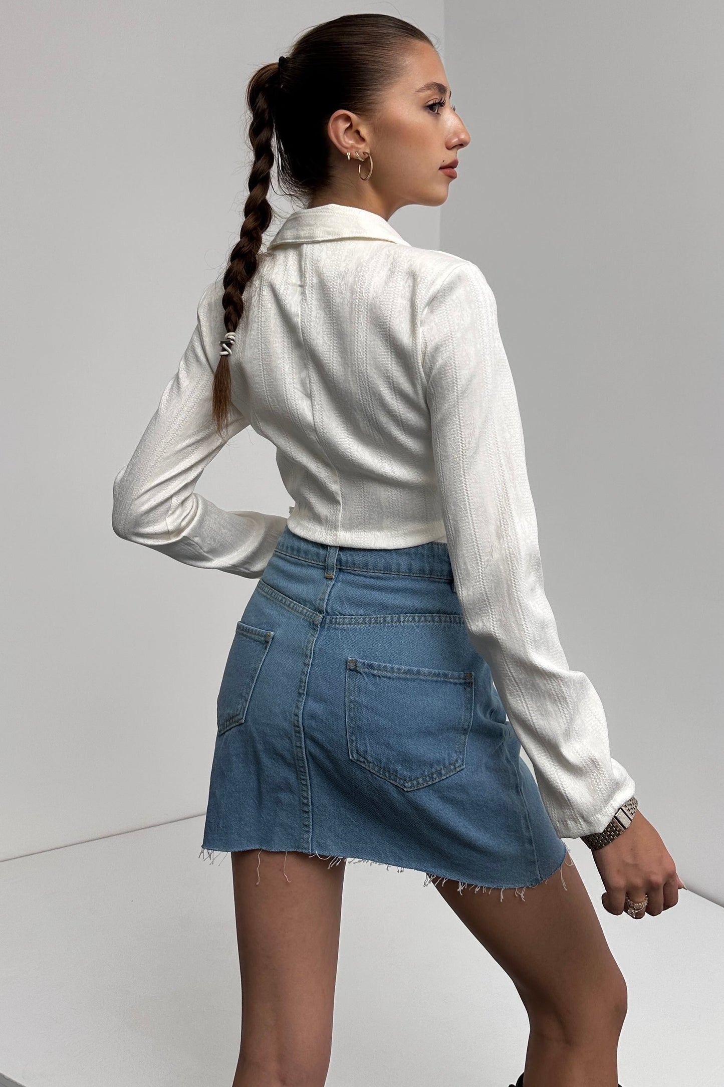 Gömlek Yaka Beli Bağlamalı Crop Bluz