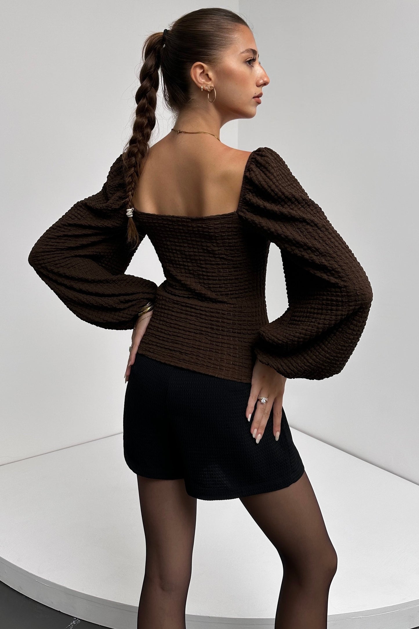 Kare Yaka Balon Kol Bluz