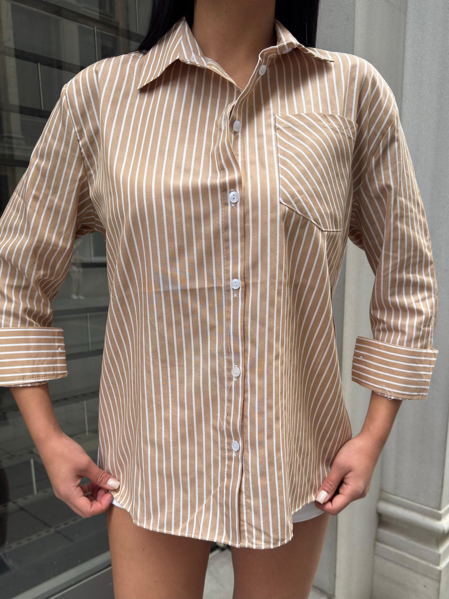 Tek Cep Çizgili Poplin Gömlek