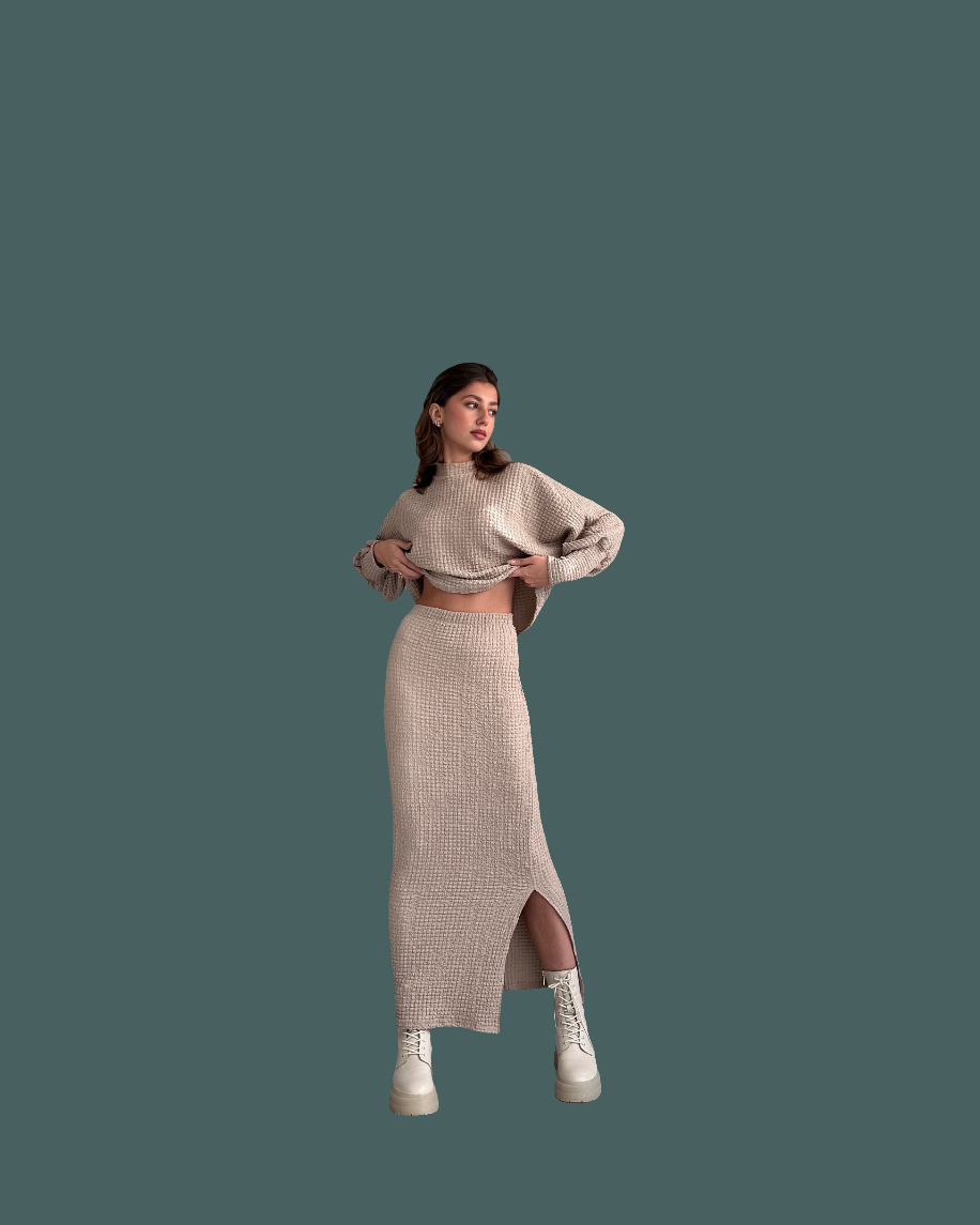 Dokulu Yırtmaç Detaylı Etek Ve Bluz 2\'Lİ Takım