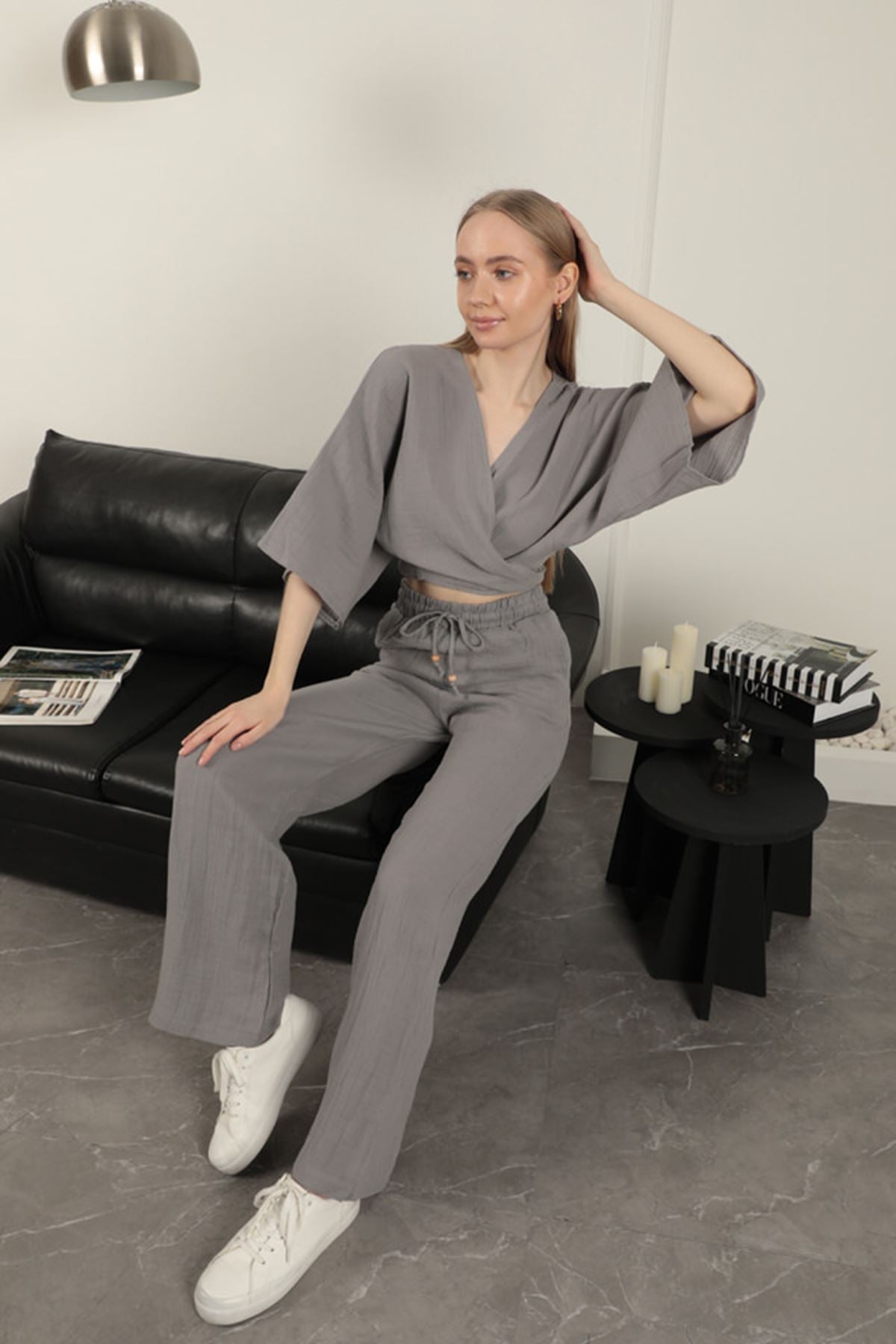 ✨ Müslin Kumaş Bol Paça Kadın Pantolon – Gri ✨