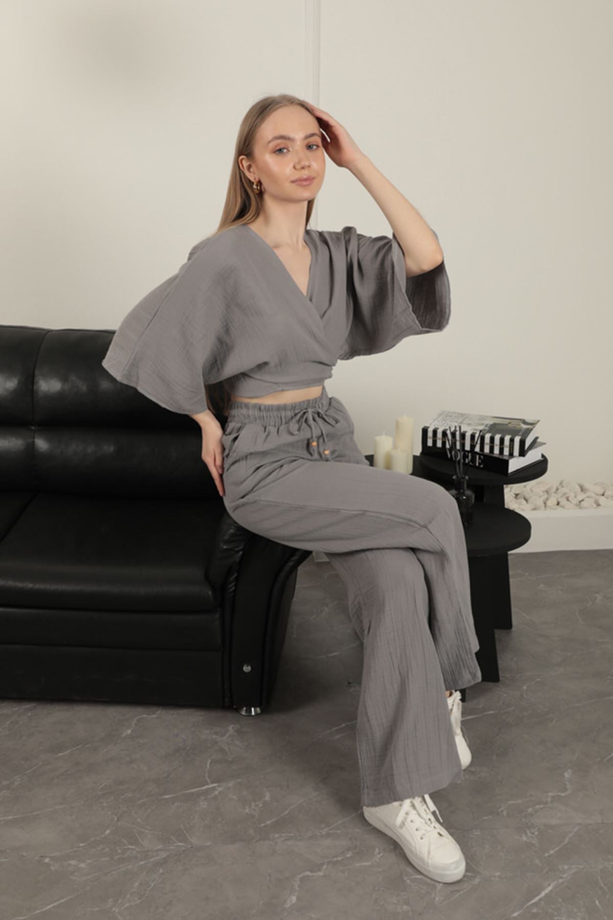 ✨ Müslin Kumaş Bol Paça Kadın Pantolon – Gri ✨