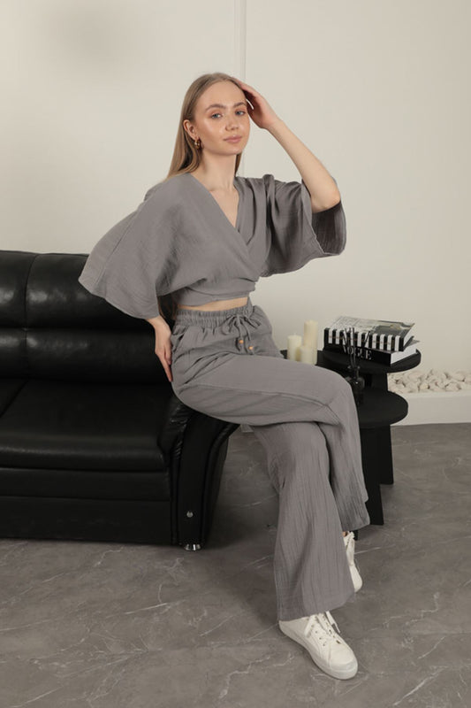 ✨ Müslin Kumaş Bol Paça Kadın Pantolon – Gri ✨