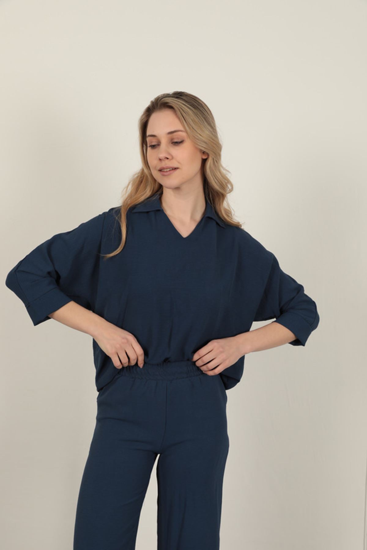 Aerobin Kumaş V Gömlek Yaka Kadın Gömlek-Lacivert