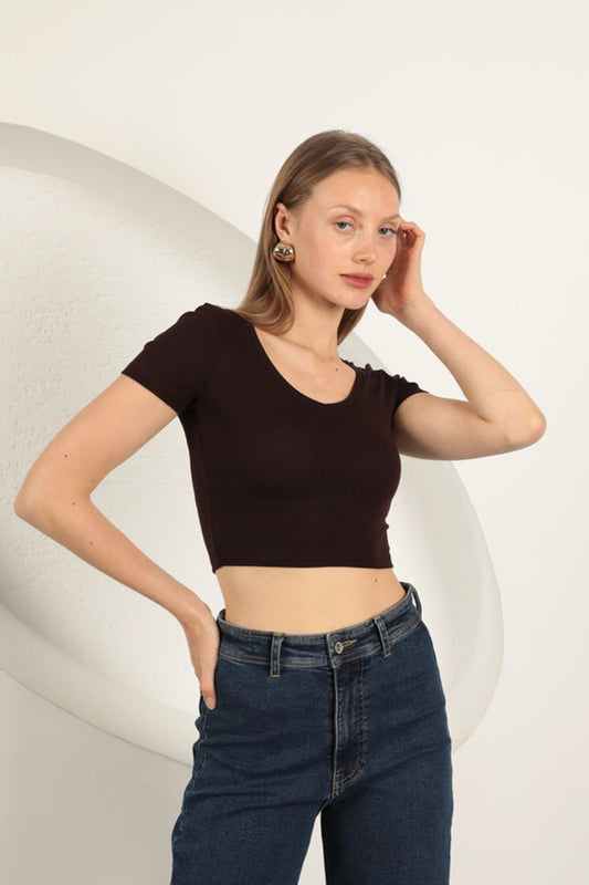 Çilek Viskon Kumaş V Yaka Basic Tişört-Kahve