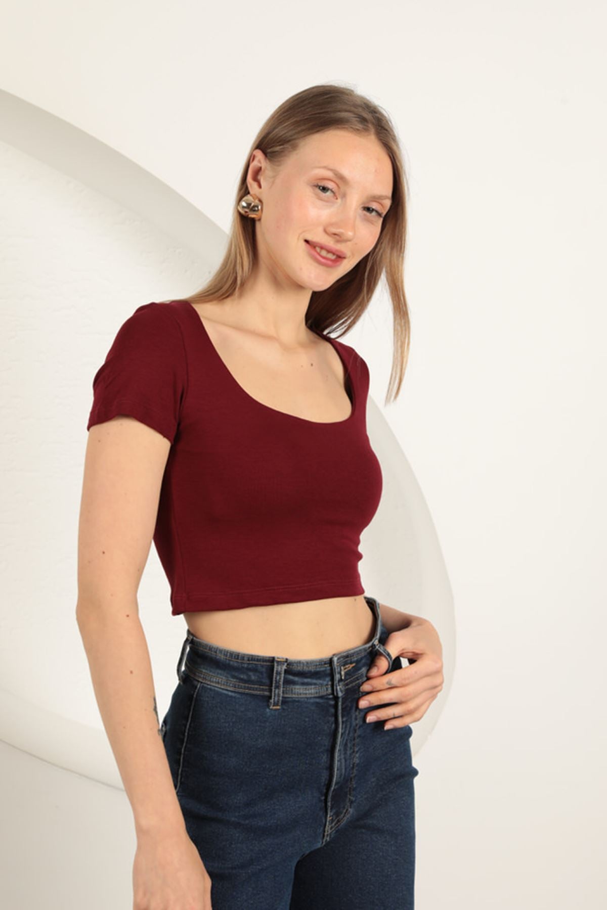 Çilek Viskon Kumaş U Yaka Bluz-Bordo