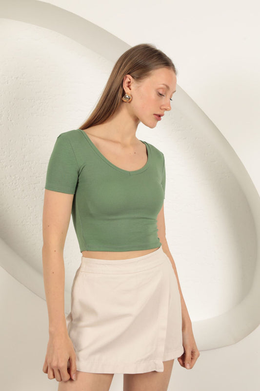 Çilek Viskon Kumaş V Yaka Basic Tişört-Haki