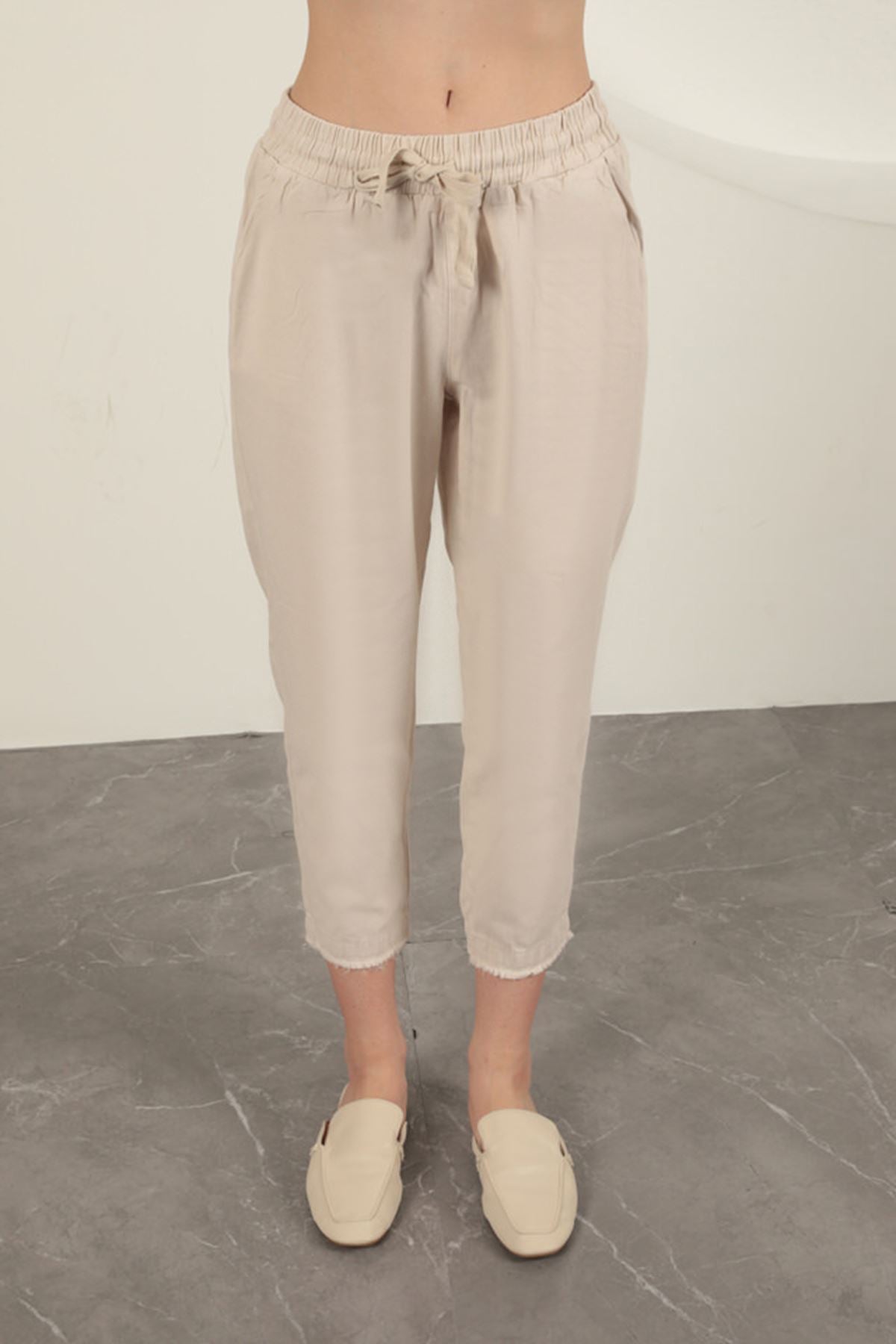 Gabardin Kumaş Püsküllü Kadın Pantolon-Taş