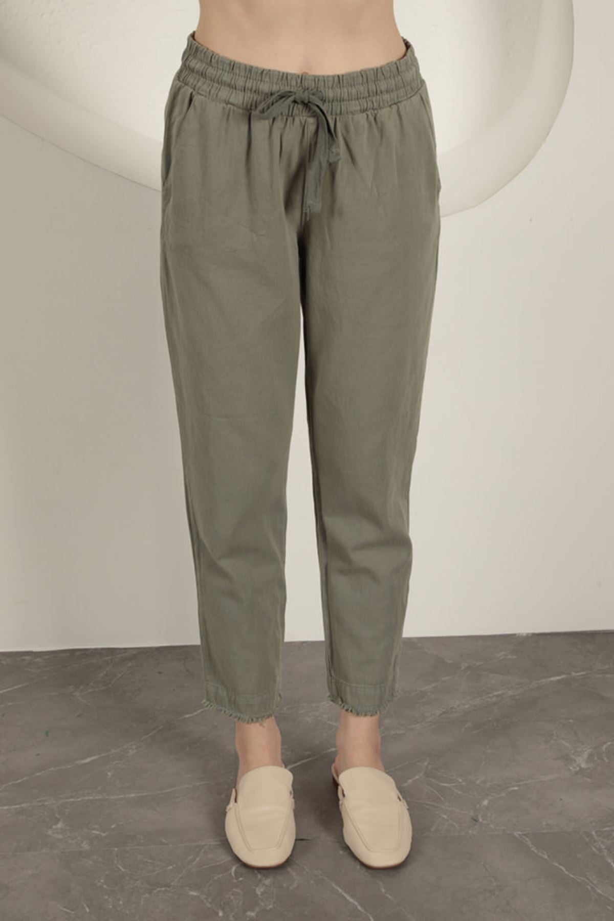 Gabardin Kumaş Püsküllü Kadın Pantolon-Haki