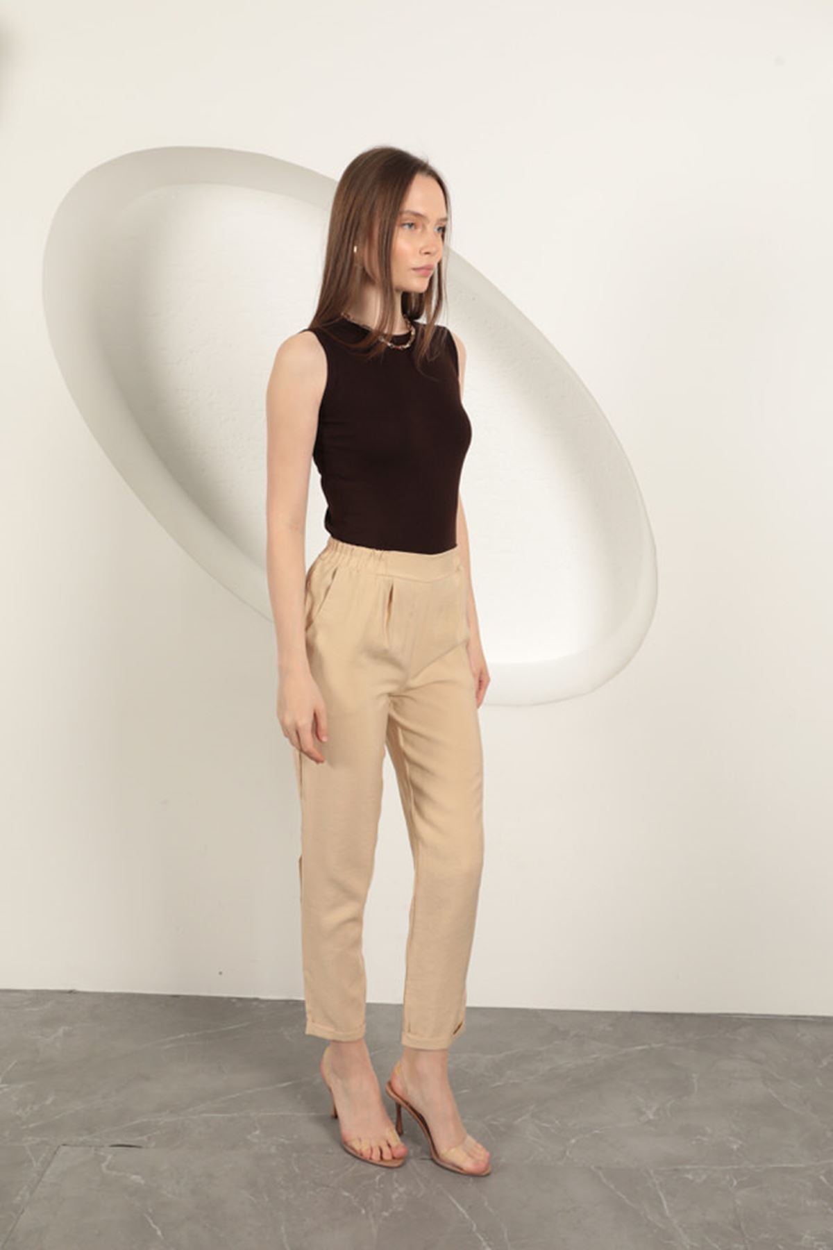 Modal Kumaş Duble Paça Kadın Pantolon-Bej