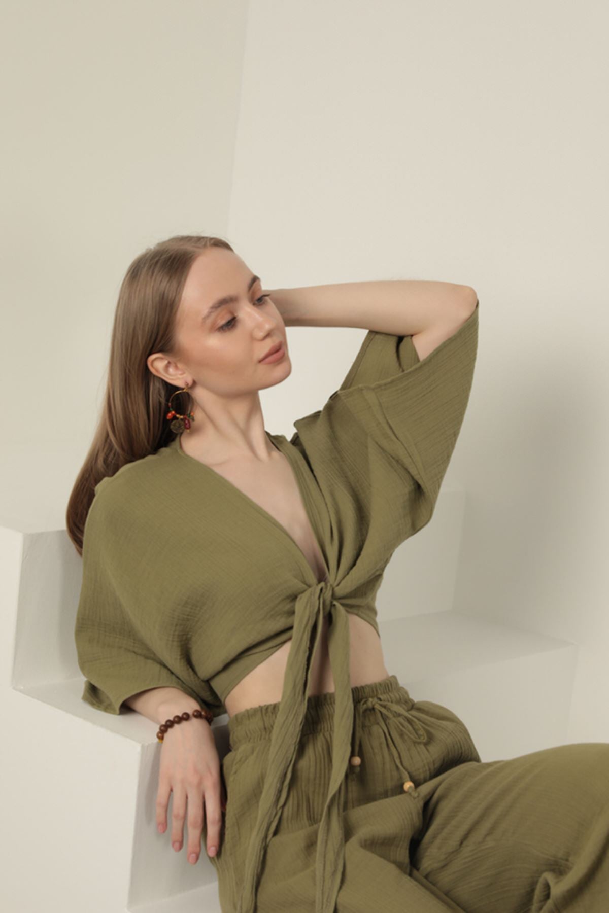 Müslin Kumaş Kimono-Haki