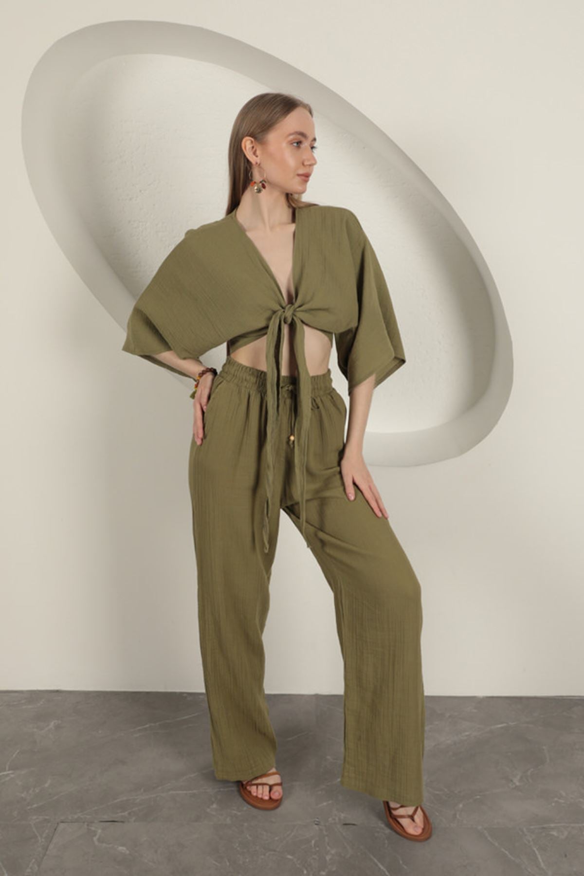 Müslin Kumaş Kimono-Haki