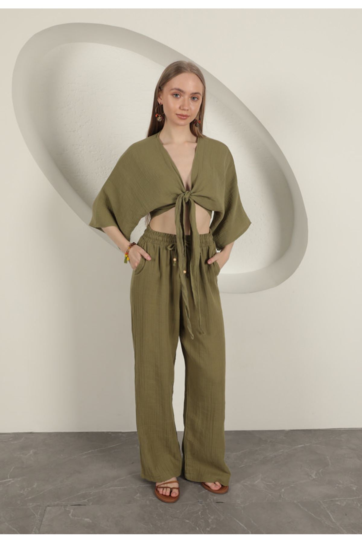 Müslin Kumaş Kimono-Haki