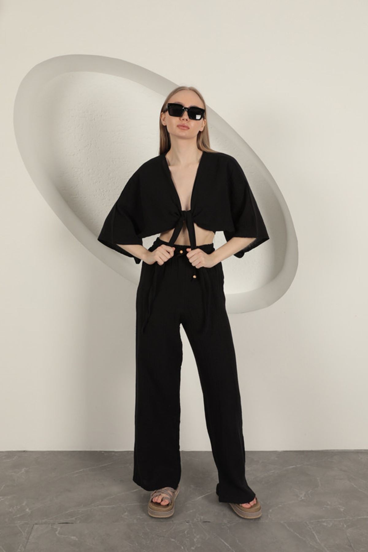 Müslin Kumaş Kimono-Siyah