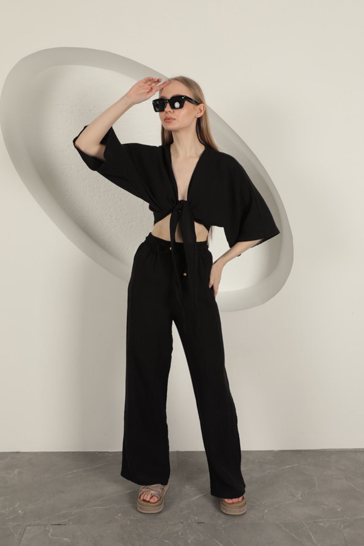 Müslin Kumaş Kimono-Siyah