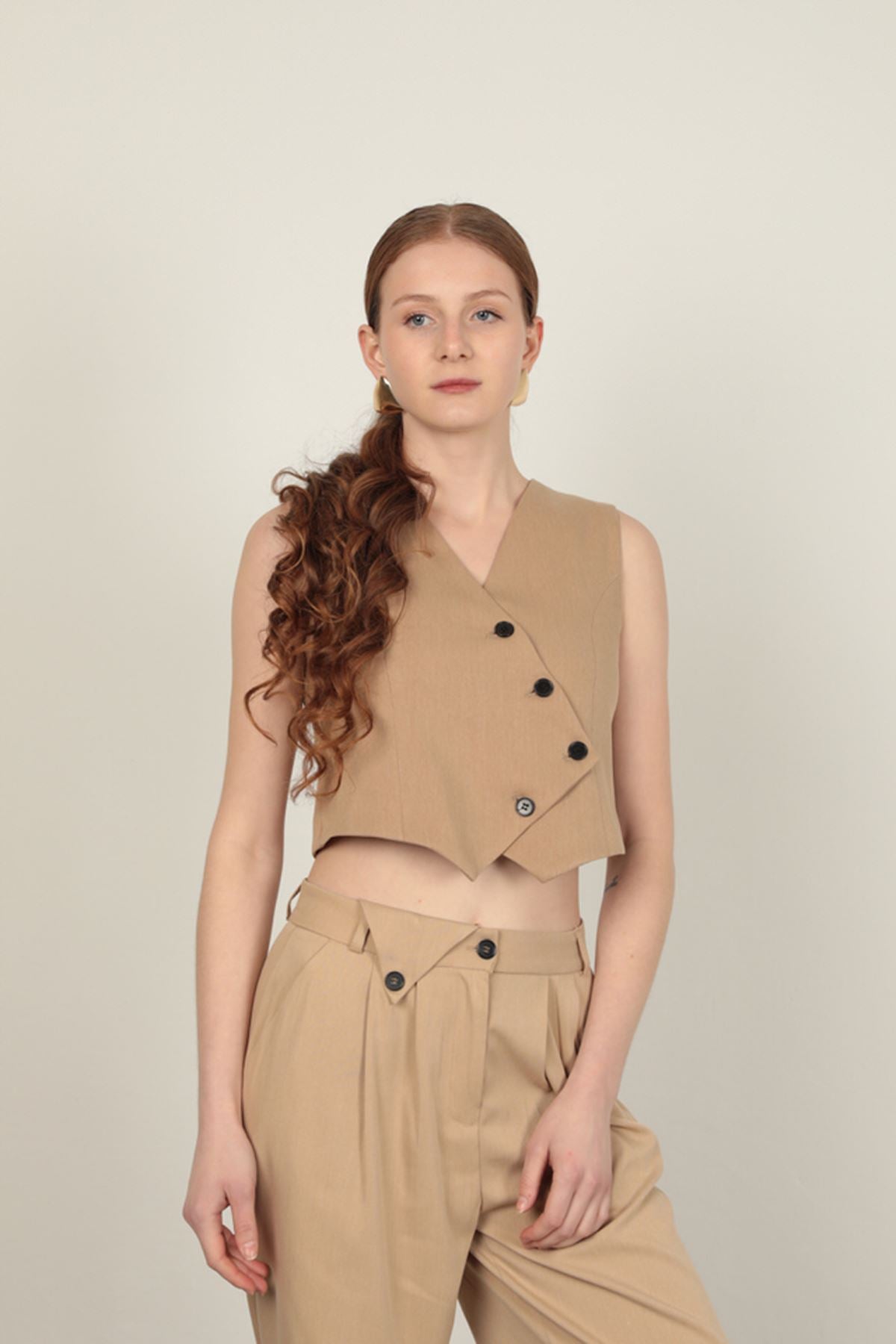 Poliviskon Kumaş Taş Kadın Yelek Takım