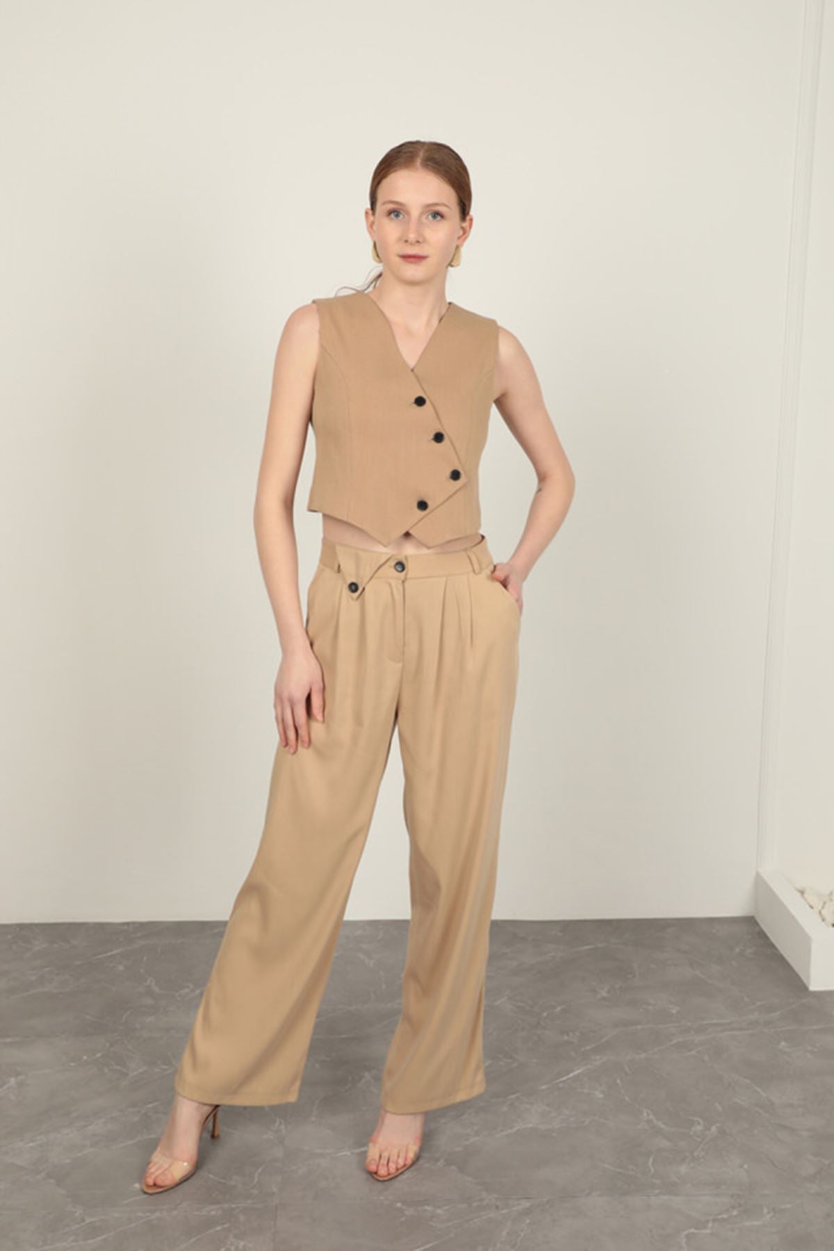 Poliviskon Kumaş Taş Kadın Yelek Takım