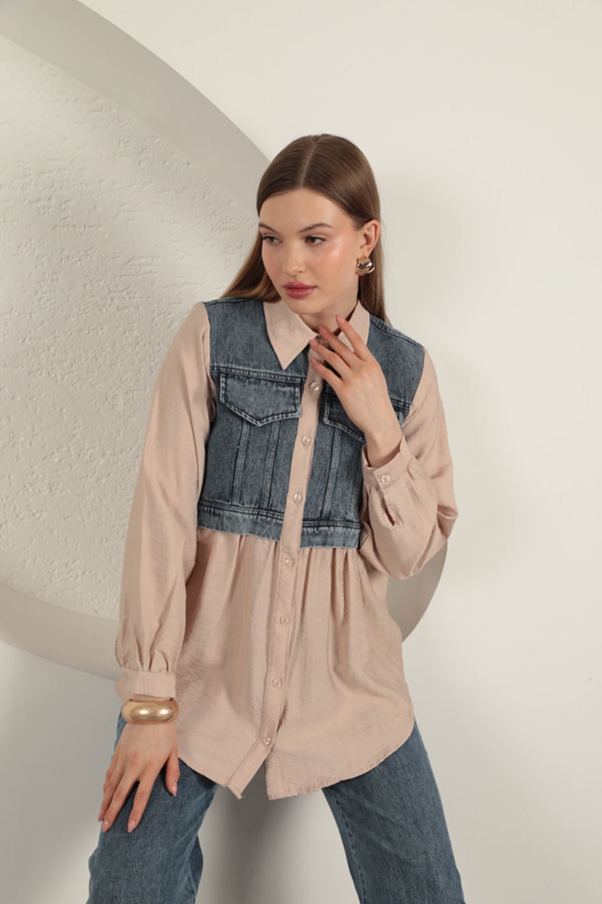 Poplin Kumaş Kot Garnili Bej Kadın Gömlek