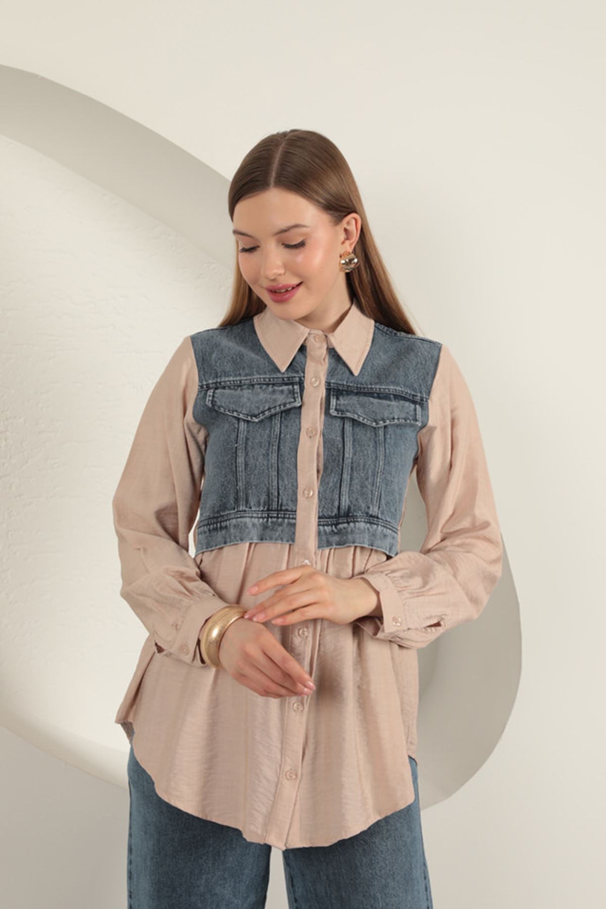 Poplin Kumaş Kot Garnili Bej Kadın Gömlek