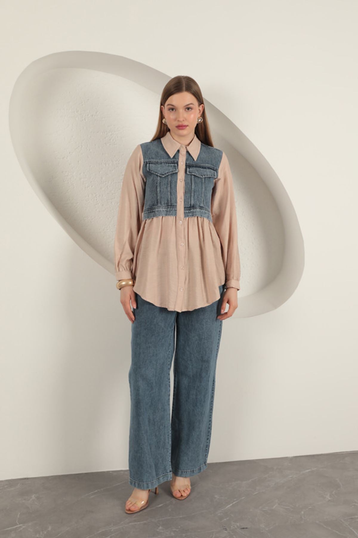 Poplin Kumaş Kot Garnili Bej Kadın Gömlek