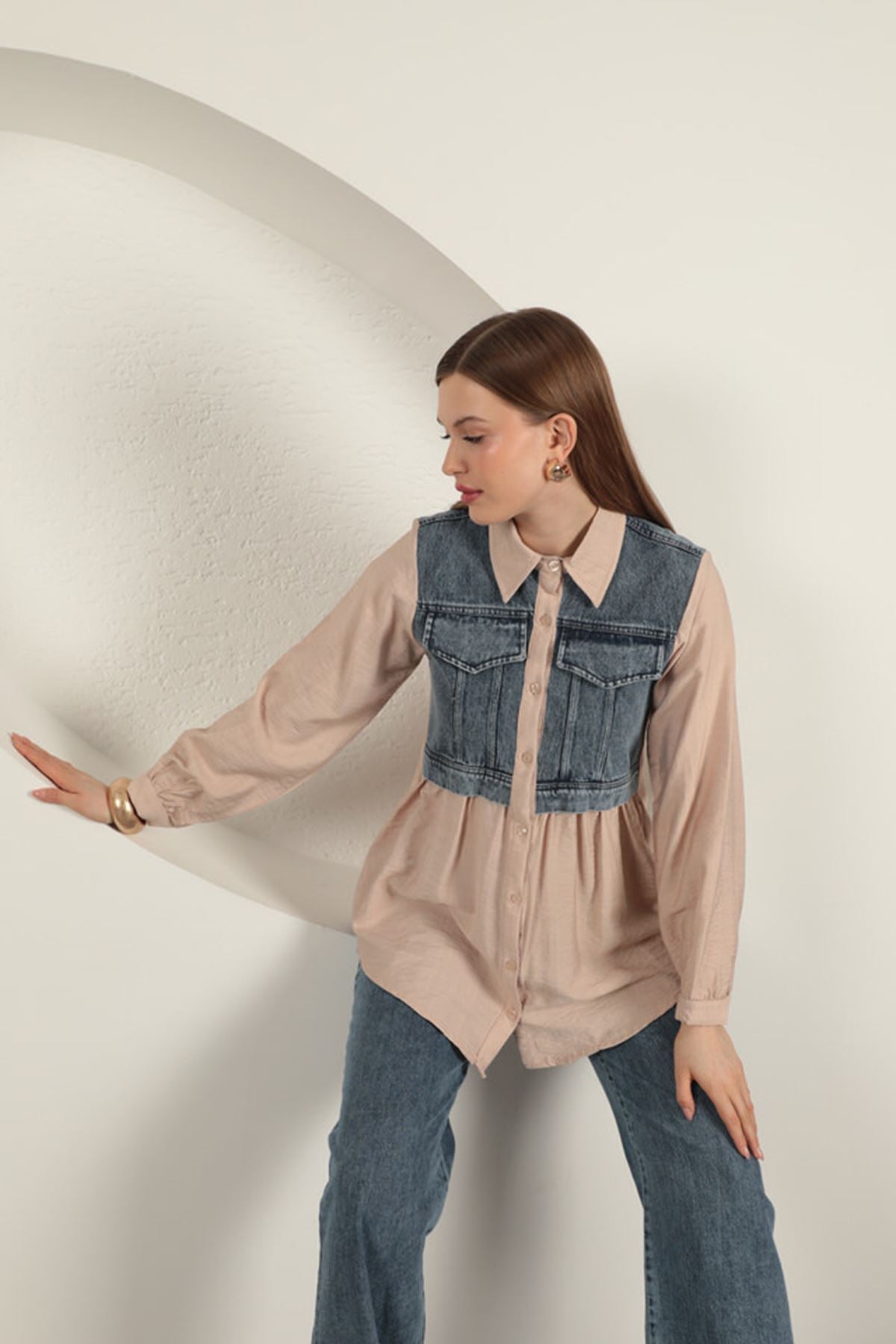 Poplin Kumaş Kot Garnili Bej Kadın Gömlek