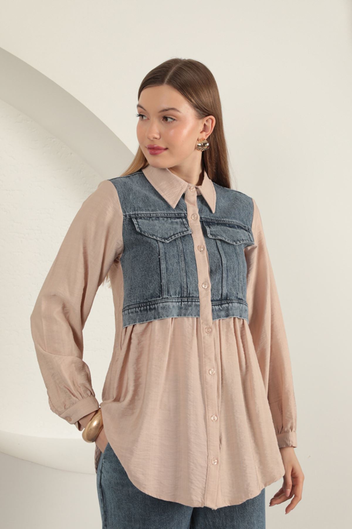 Poplin Kumaş Kot Garnili Bej Kadın Gömlek