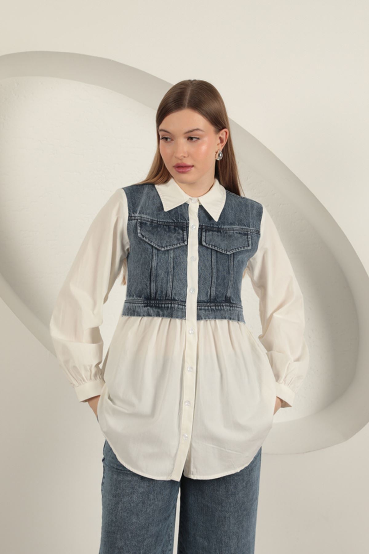 Poplin Kumaş Kot Garnili Ekru Kadın Gömlek