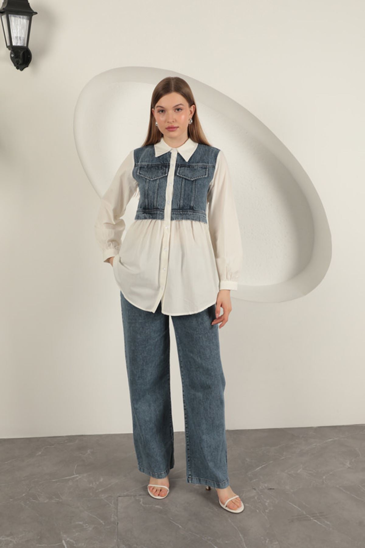 Poplin Kumaş Kot Garnili Ekru Kadın Gömlek