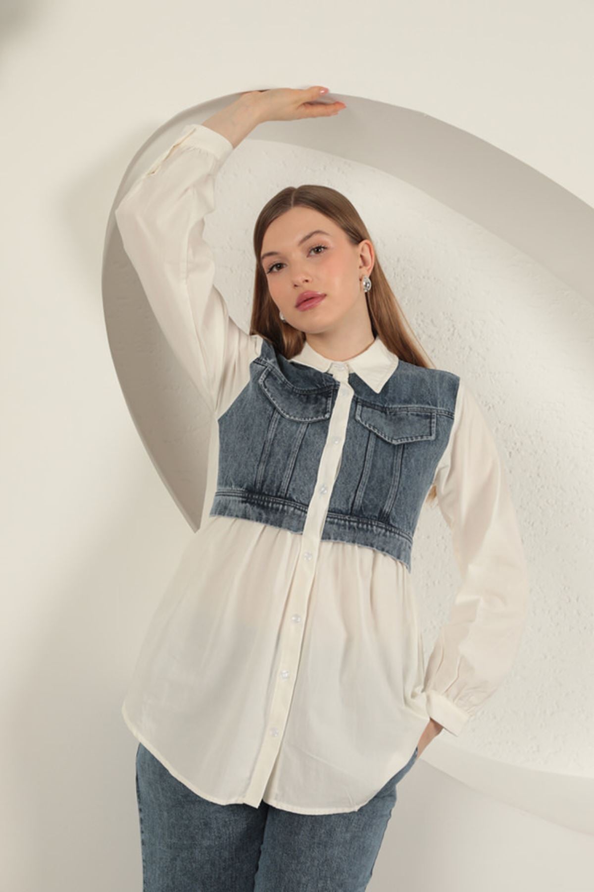 Poplin Kumaş Kot Garnili Ekru Kadın Gömlek