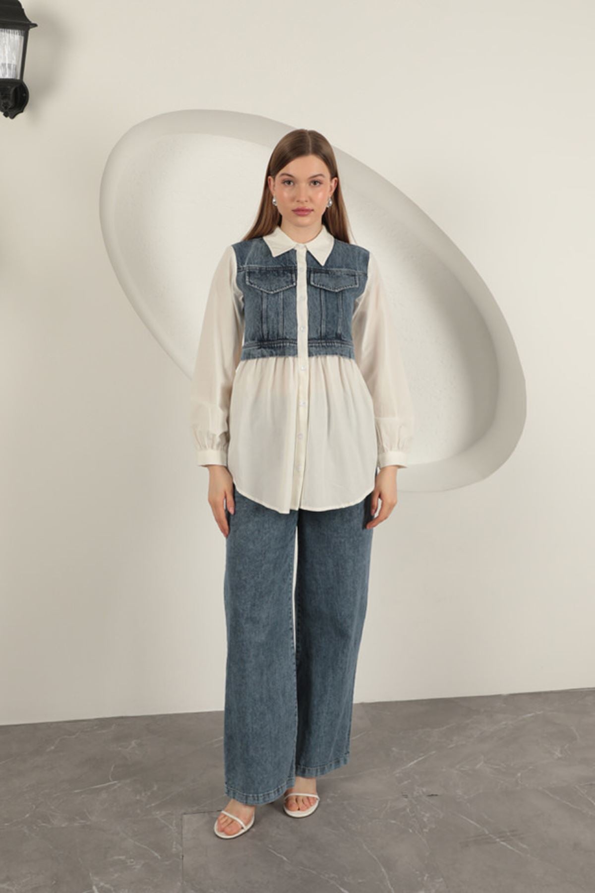 Poplin Kumaş Kot Garnili Ekru Kadın Gömlek