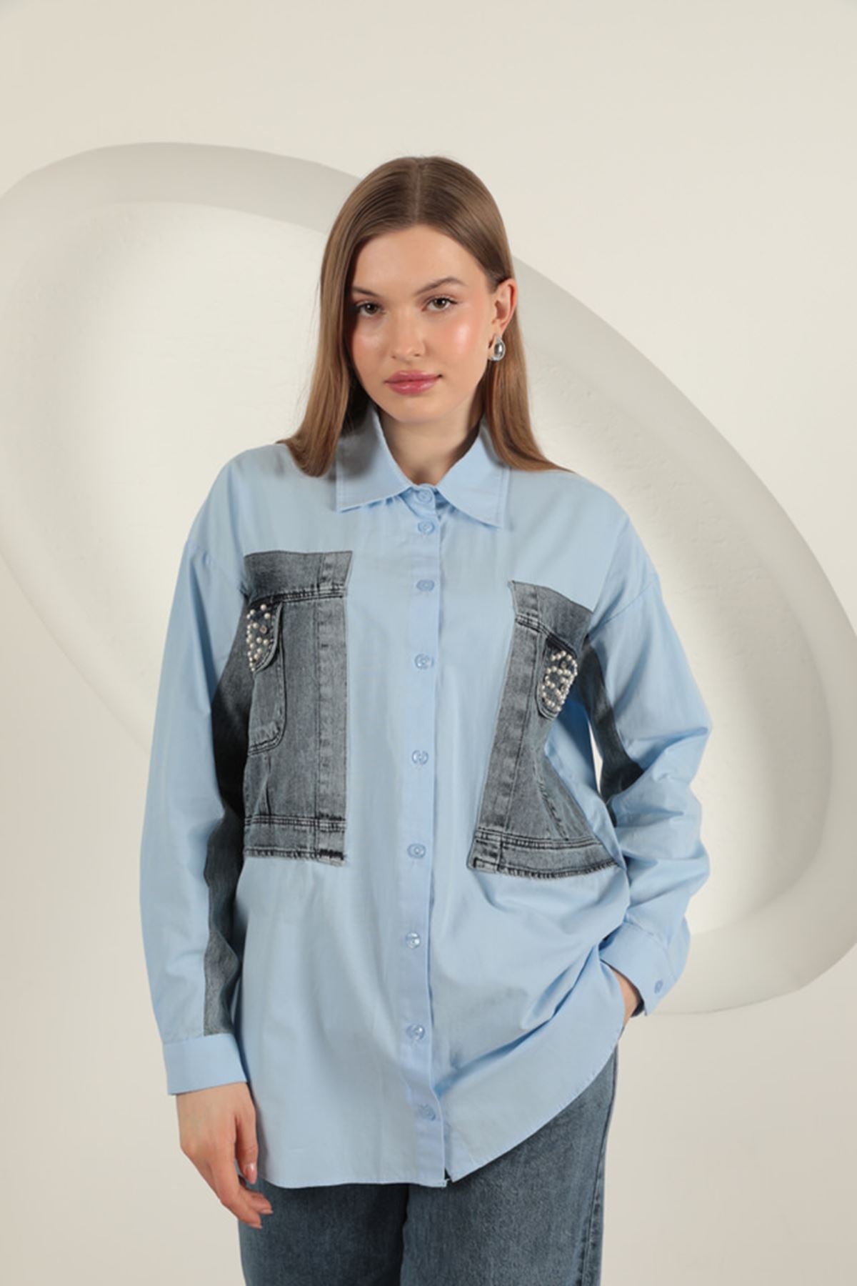 Poplin Kumaş Kot Garnili Mavi Kadın Gömlek