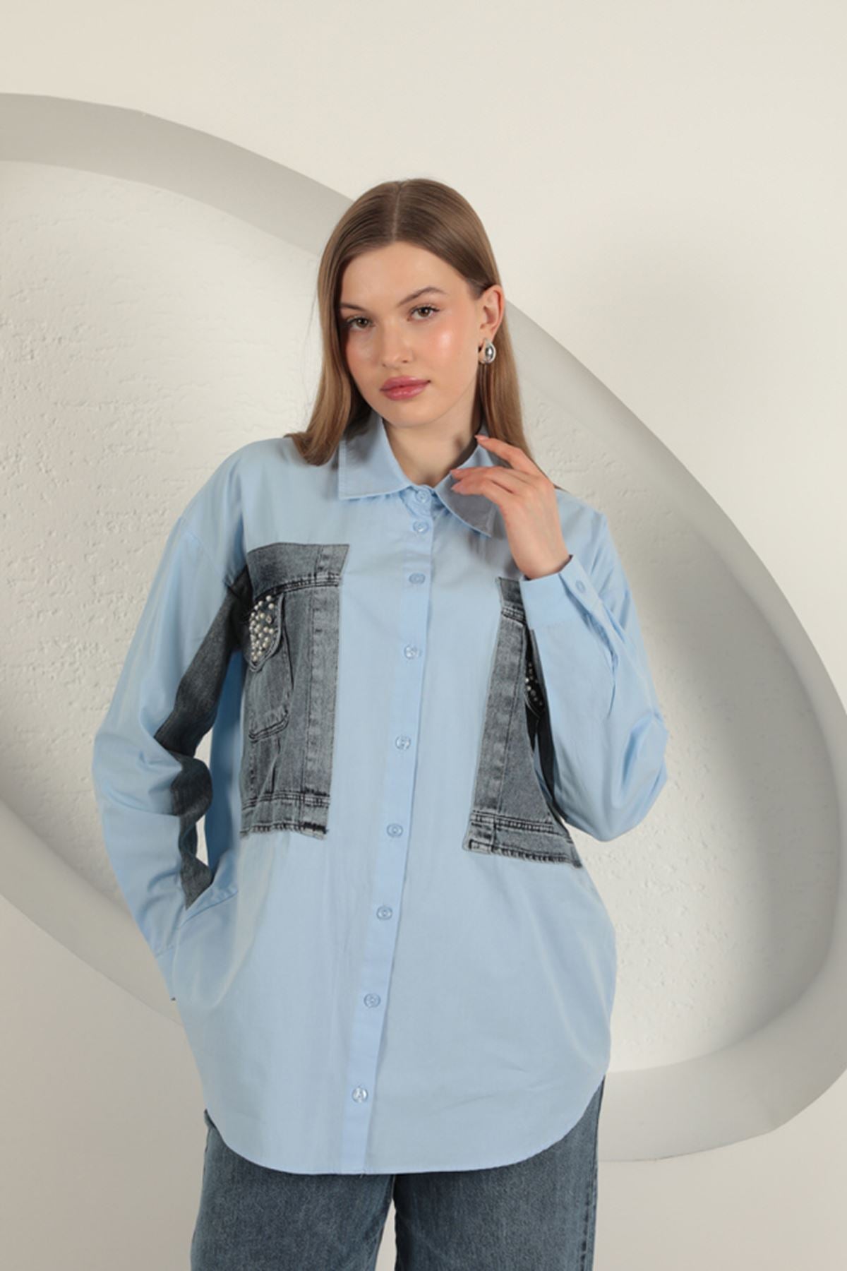 Poplin Kumaş Kot Garnili Mavi Kadın Gömlek