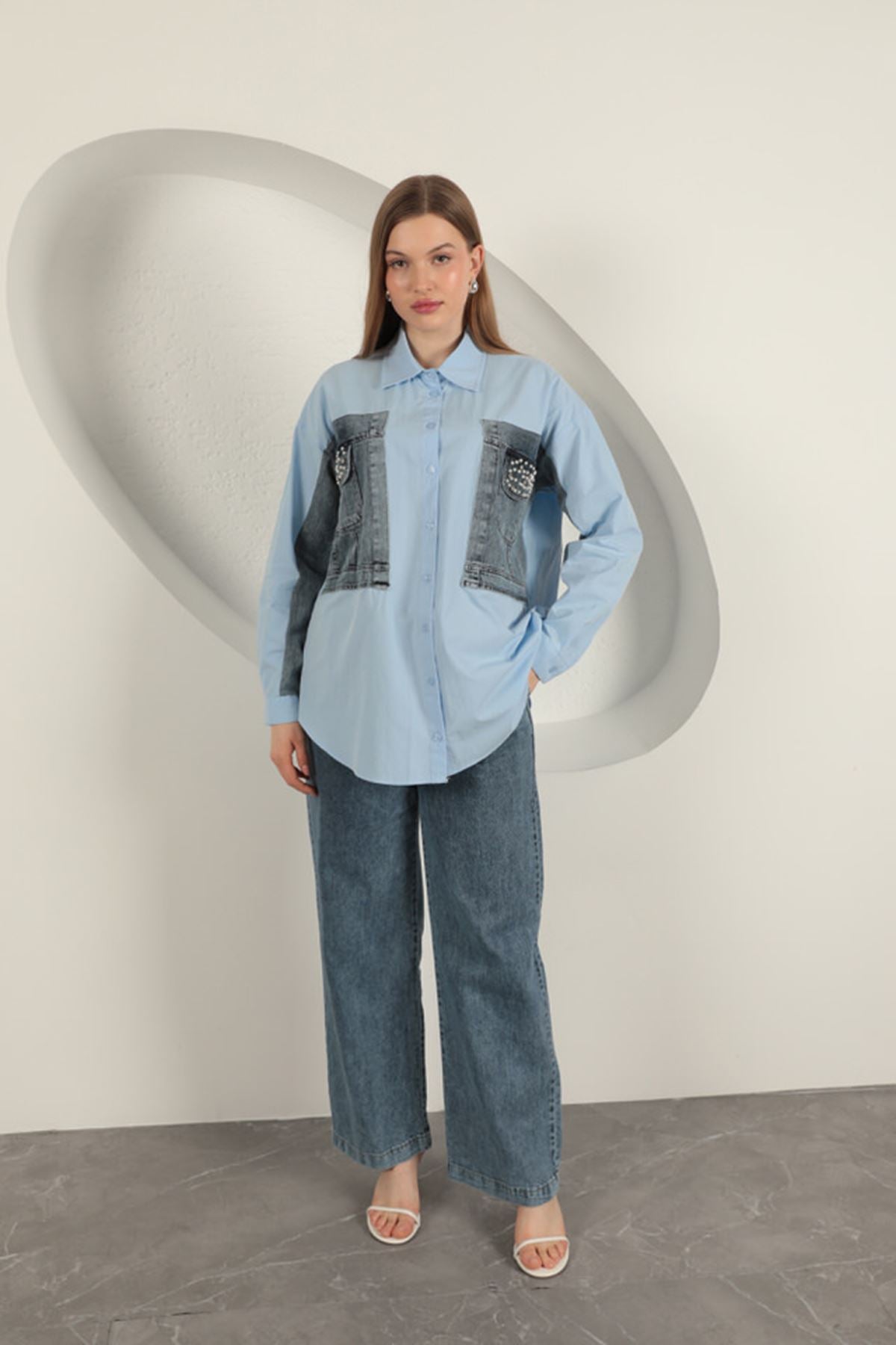 Poplin Kumaş Kot Garnili Mavi Kadın Gömlek