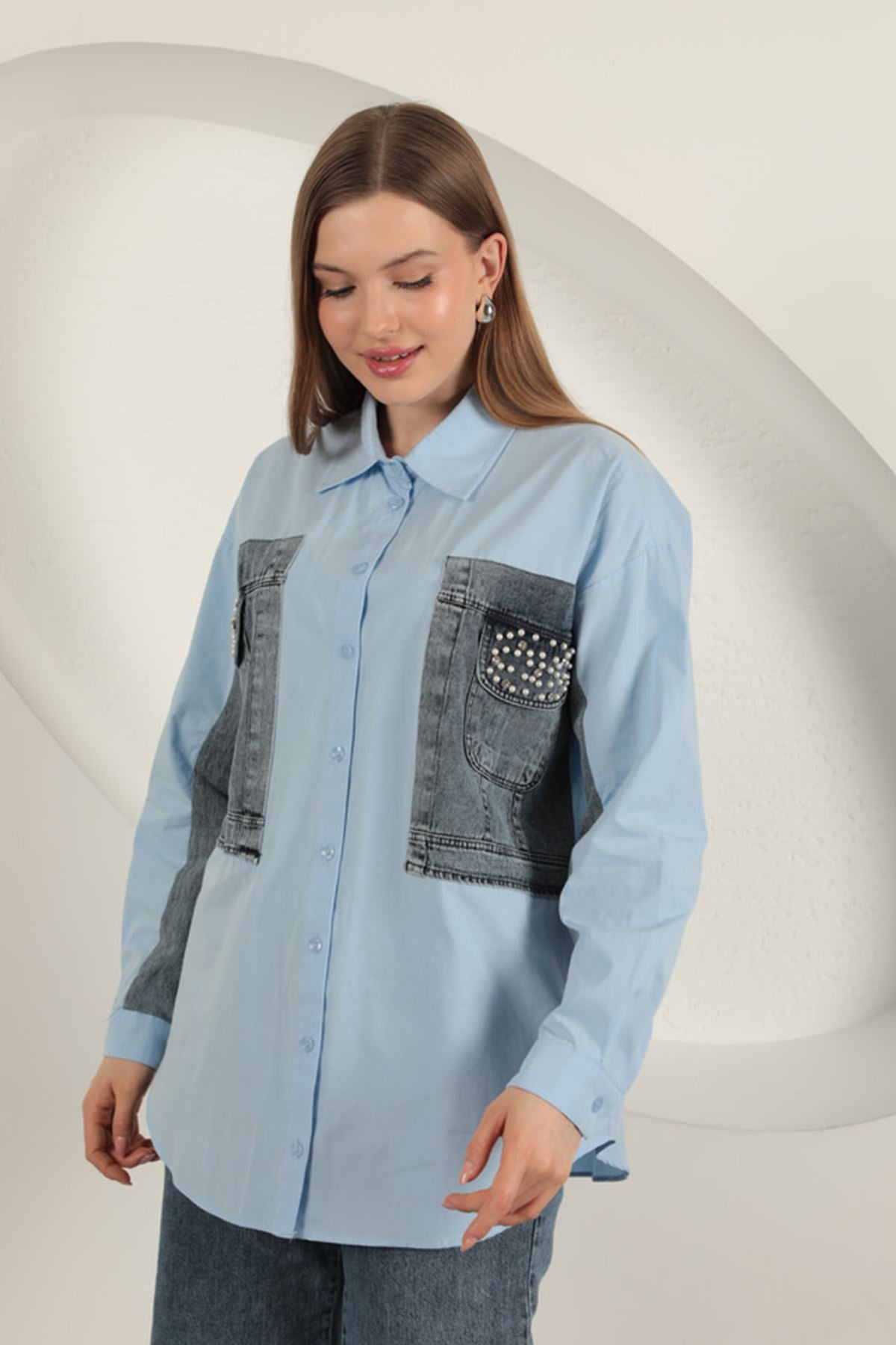 Poplin Kumaş Kot Garnili Mavi Kadın Gömlek