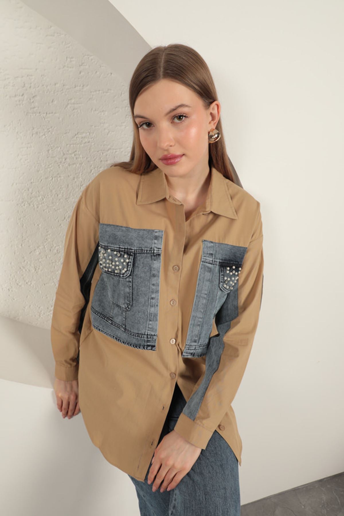 Poplin Kumaş Kot Garnili Kadın Gömlek-Taba