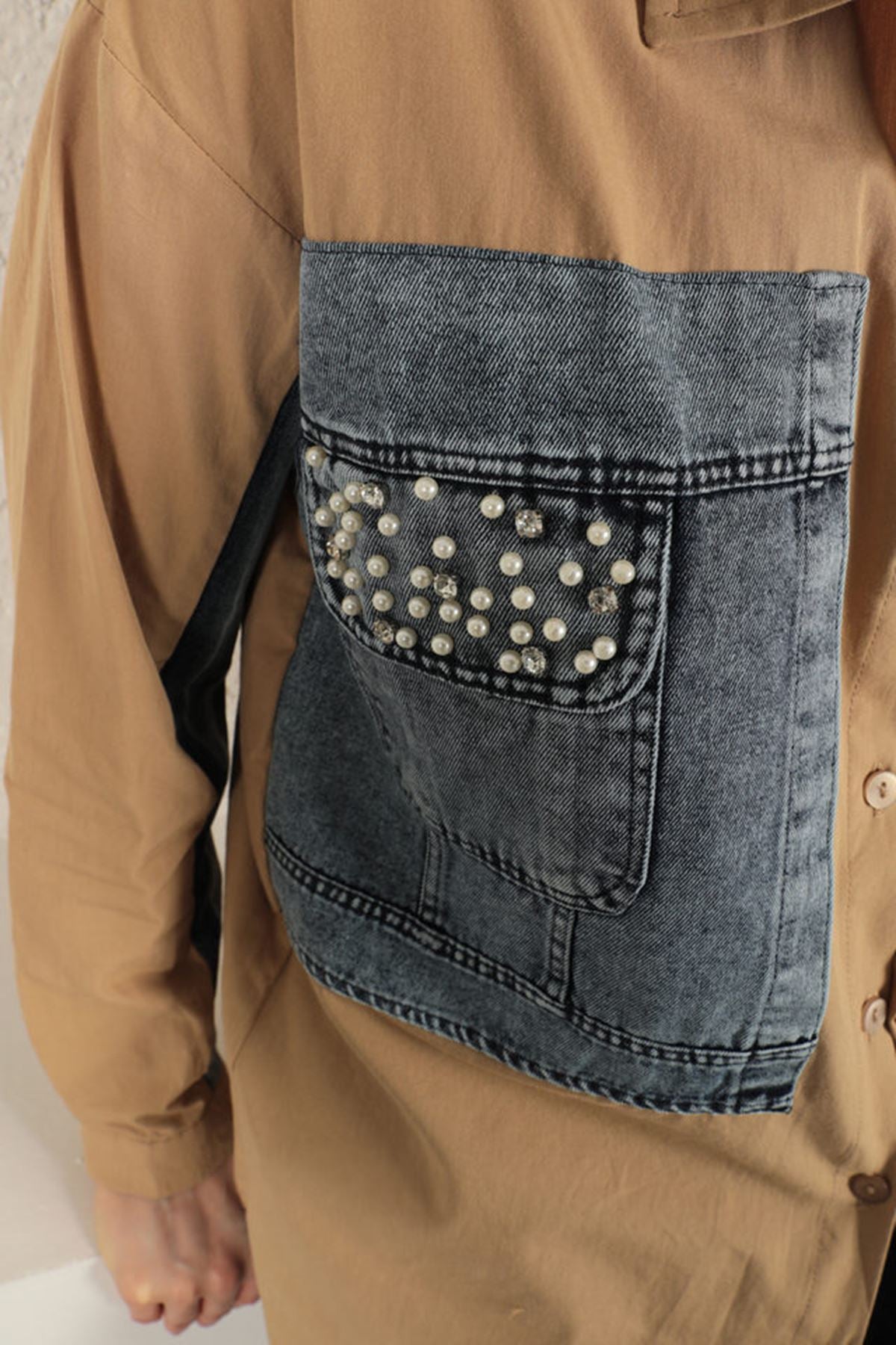 Poplin Kumaş Kot Garnili Kadın Gömlek-Taba