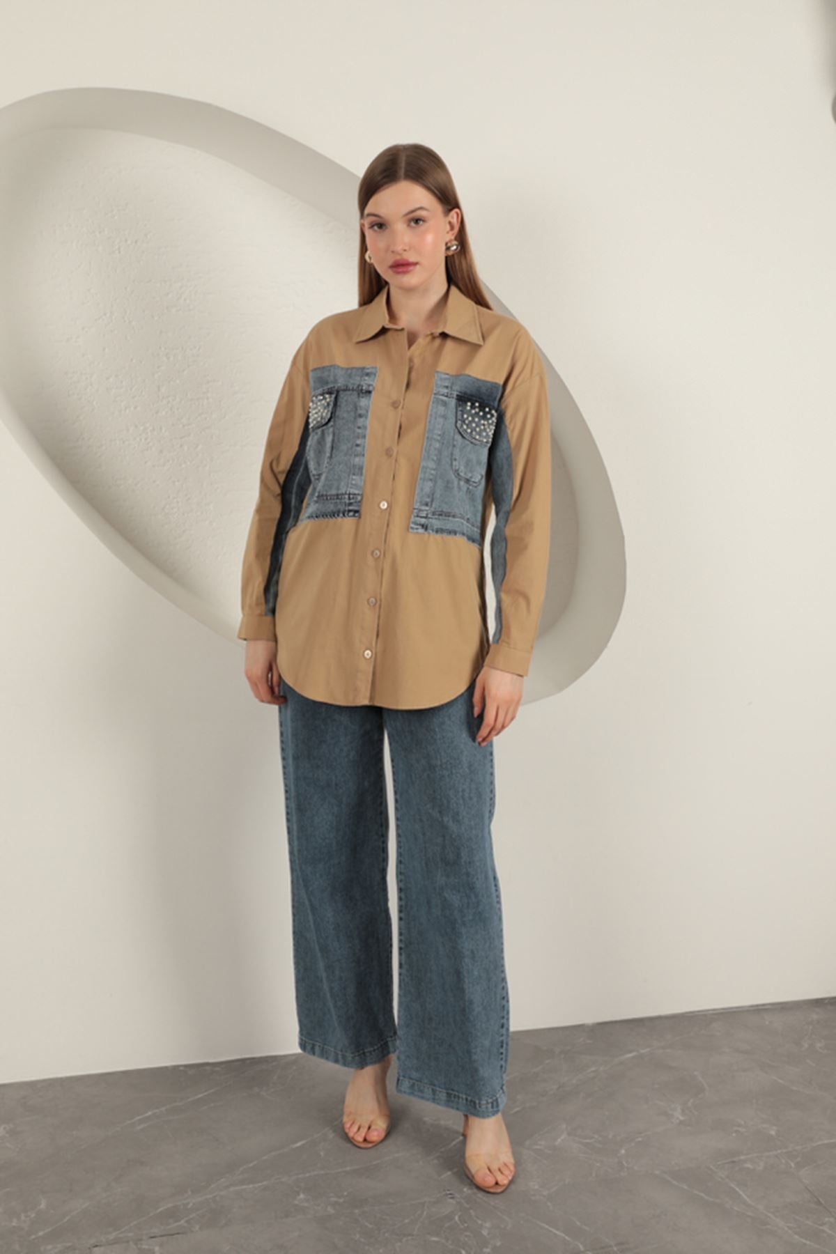 Poplin Kumaş Kot Garnili Kadın Gömlek-Taba