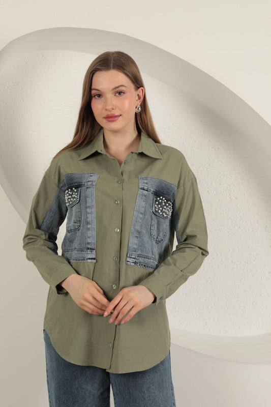 Poplin Kumaş Kot Garnili Haki Kadın Gömlek