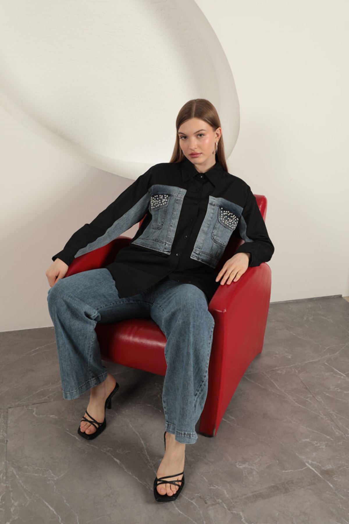 Poplin Kumaş Kot Garnili Siyah Kadın Gömlek