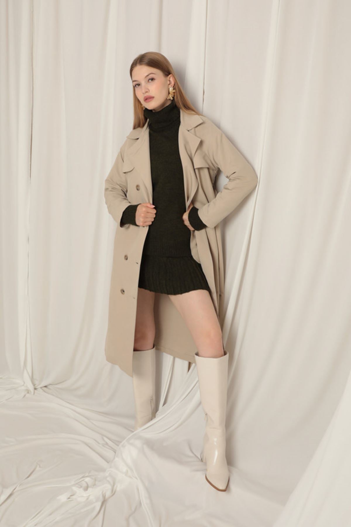 Torino Kumaş Sıvı Geçirmez Maxi Boy Kadın Taş Trençkot