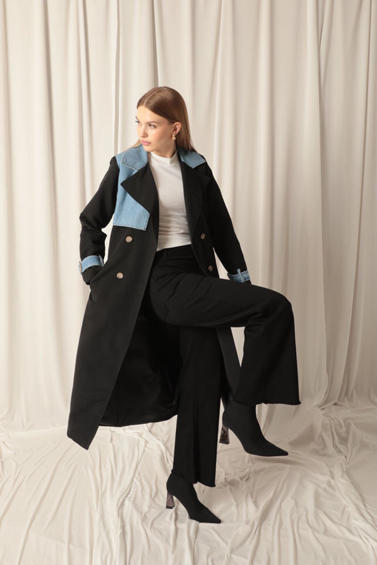 Torino Kumaş Kot Garnili Kadın Siyah Trençkot