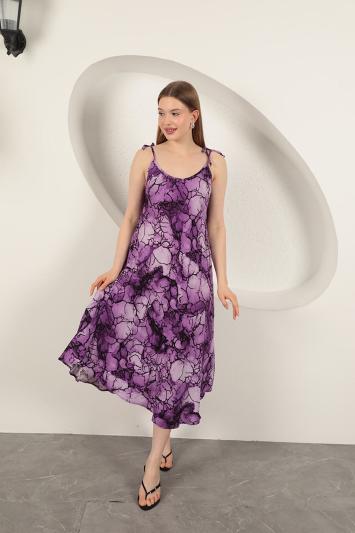 Viskon Kumaş Sulu Boya Desenli Elbise-Mor