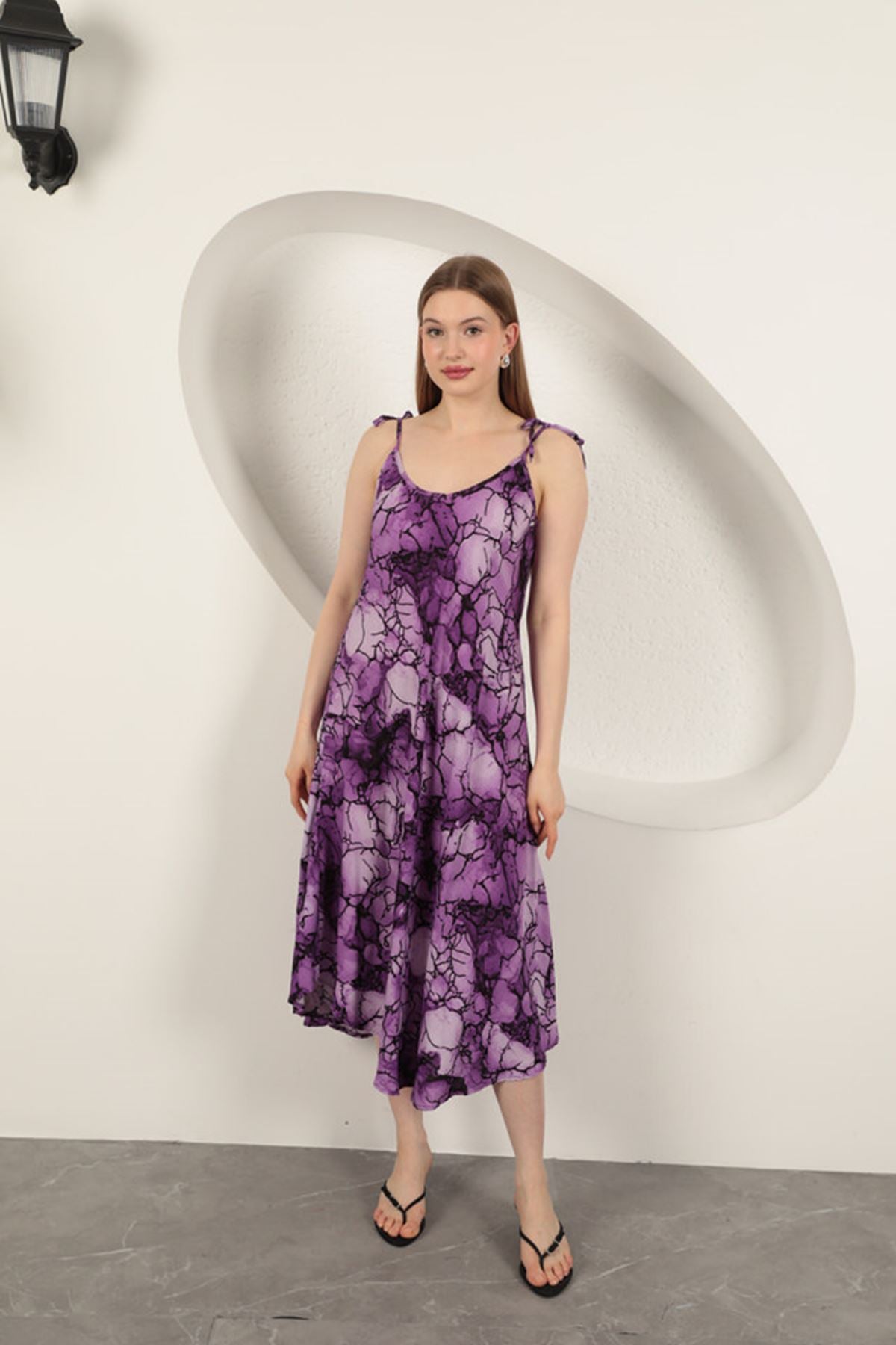 Viskon Kumaş Sulu Boya Desenli Elbise-Mor